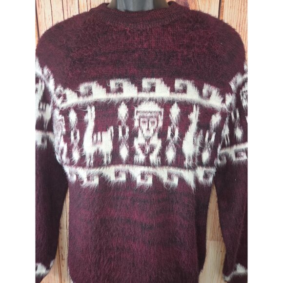 Small Alpaca Sweater Crewneck Unisex Burgundy Wool Blend - Picture 2 of 6